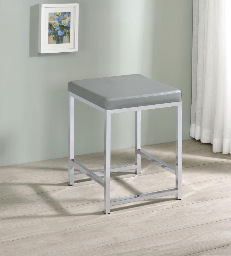 Umbridge Upholstered Square Vanity Stool – Light Gray Leatherette Cushion, Polished Chrome Base, Modern Backless Vanity Bench for Bedroom or Dressing Table