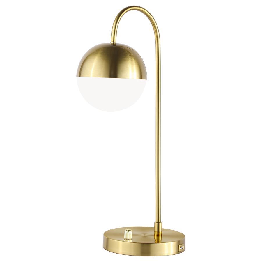 Merrick Spherical Arched Bedside Table Lamp – Vintage-Inspired Gold Finish with White Glass Globe, Slim J-Hook Arm, Round Base, and Built-In USB