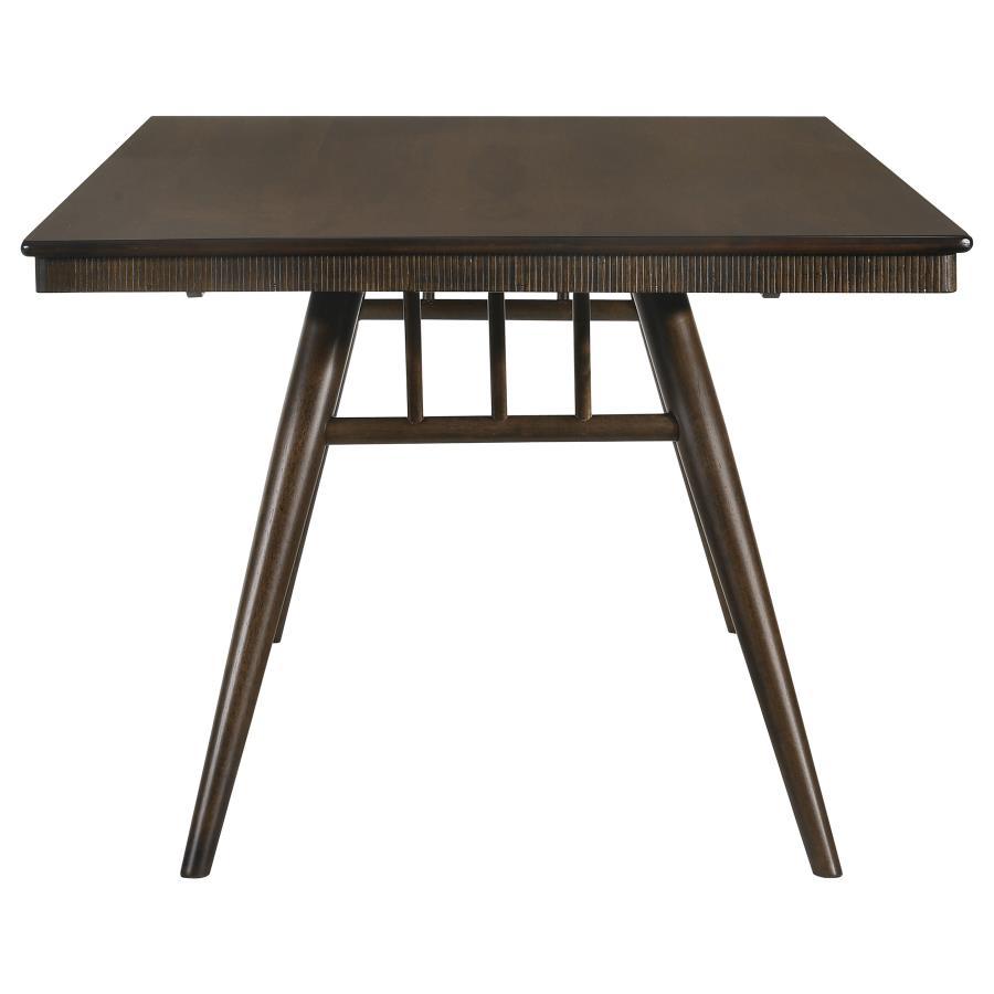 Wes Rectangular Wood Dining Table – Dark Walnut Finish, Bullnose Edge, Fluted Apron, Mid-Century Modern Style, Vintage-Inspired Tapered Legs, Seats Six
