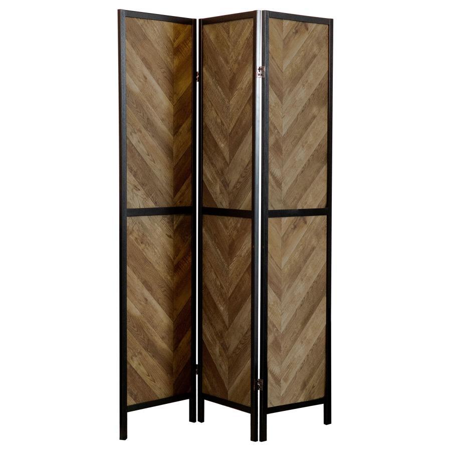 Marlene 3-Panel Room Divider Folding Screen – Rustic Tobacco Herringbone Design with Black Metal Frame for Privacy, Home, Office & Studio