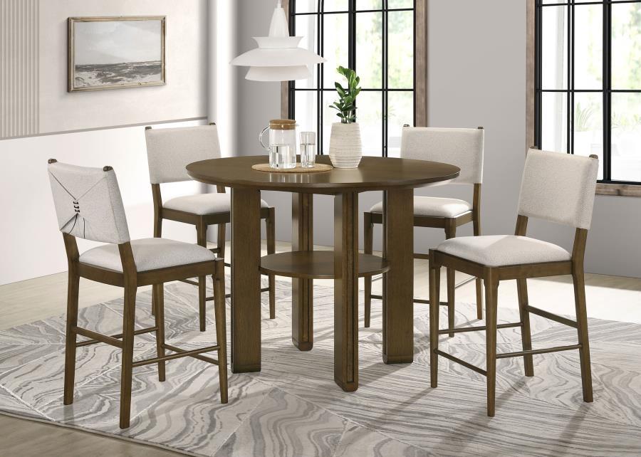 Ottowa 5-Piece Round Counter Height Dining Set – Brown Table with Open Shelf & Upholstered Counter Chairs with Tie-Back Accents