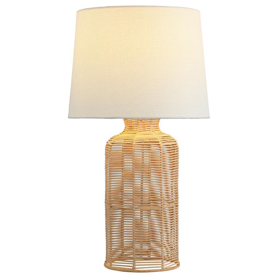 Nairobi Empire Shade Handwoven Rattan Table Lamp – Natural Cylindrical Base, Neutral Fabric Shade, Metal Frame, Cozy Ambient Lighting for Home