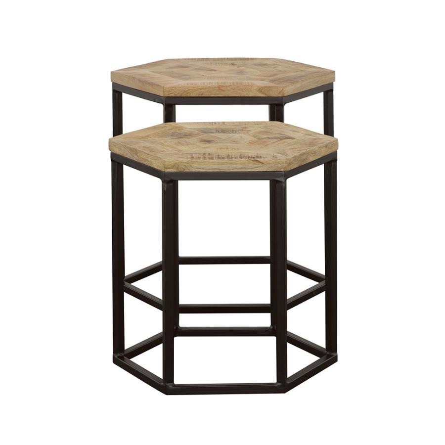 Adger 2-Piece Hexagonal Nesting Tables – Solid Mango Wood Tops, Black Metal Frames, Modern Industrial Accent Tables for Living Room or Lounge