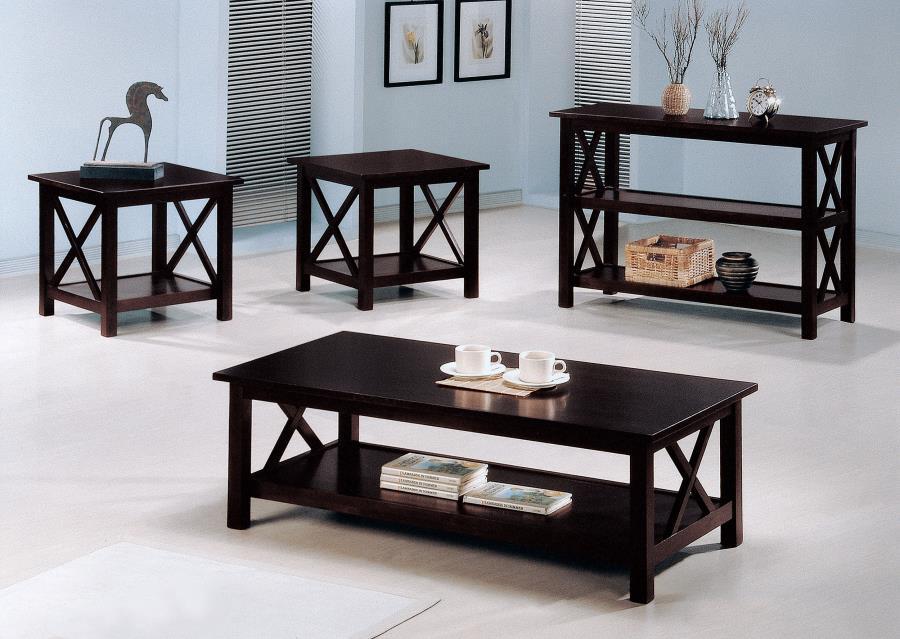 Rachelle - 3 Piece Rectangular Coffee Table Set - Deep Merlot Finish with X-Shaped Accents & Storage Shelves
