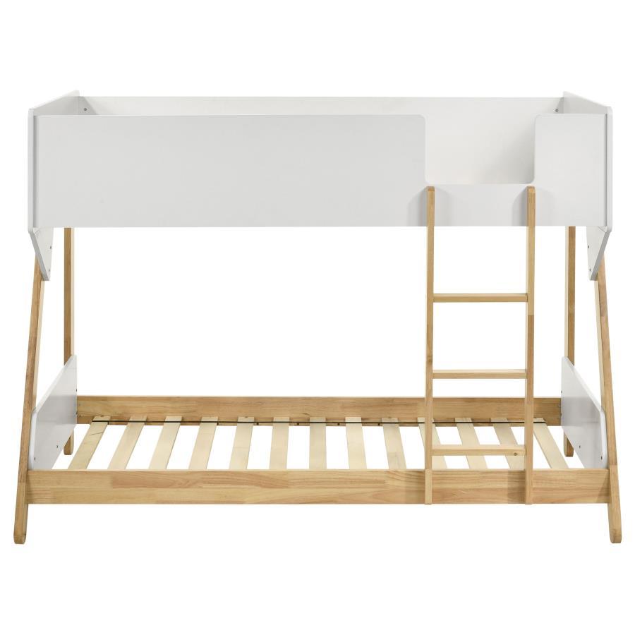 Wyatt Wood Twin Over Twin Bunk Bed – White and Natural Finish with Guard Rails, Attached Ladder, and Modern Space-Saving Design for Kids