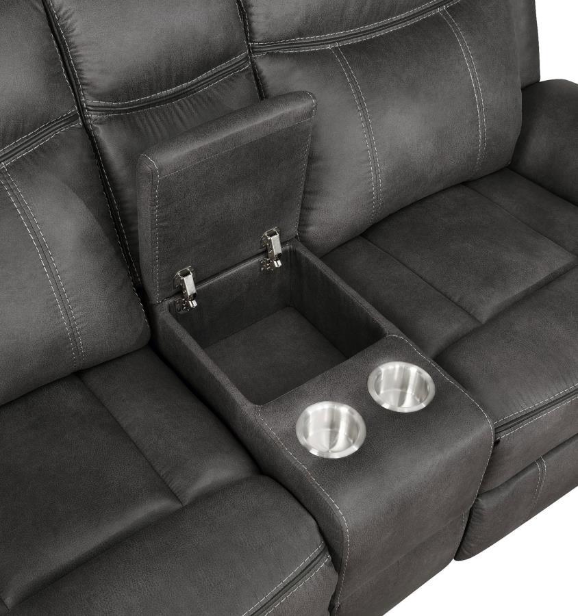 Lawrence - Upholstered Padded Arm Reclining Loveseat with Lift-Top Storage & Stainless Steel Cupholders - Charcoal Microfiber