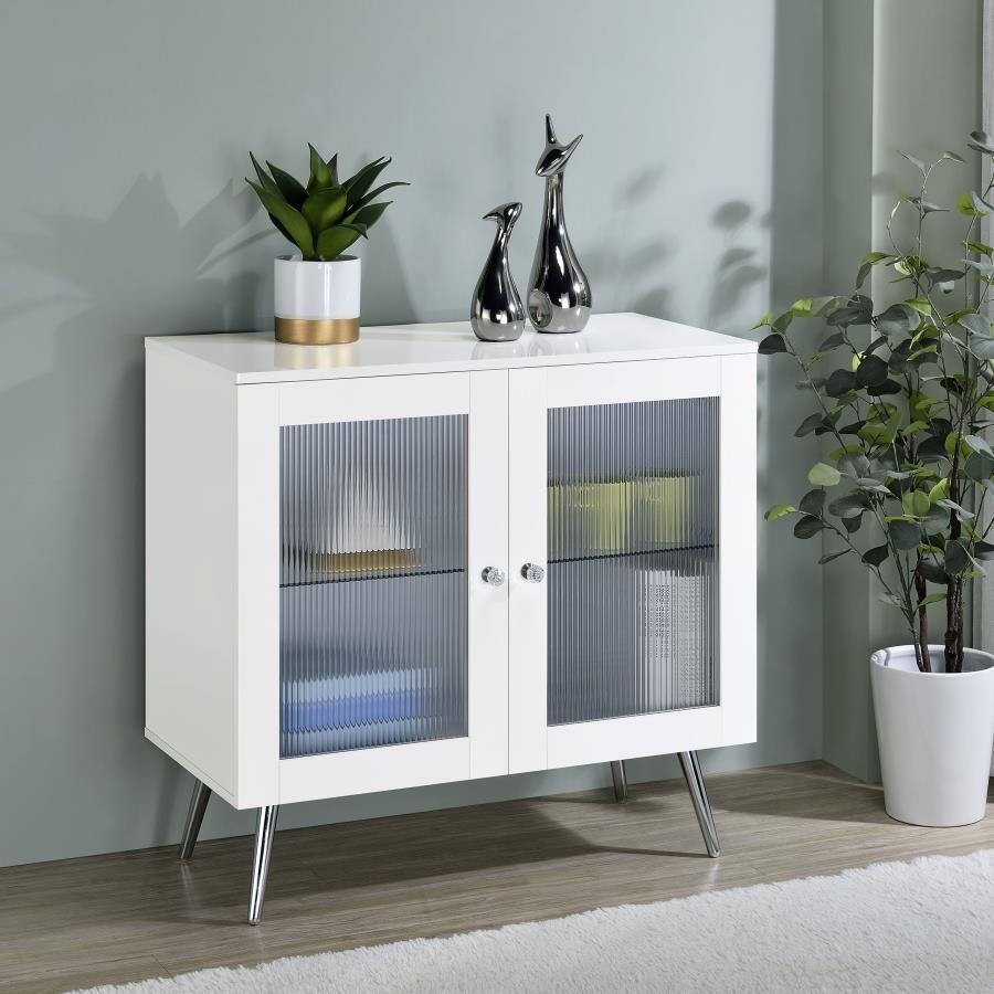 Nieta 2-Door Engineered Wood Accent Cabinet – White High Gloss Storage Cabinet with Tempered Glass Shelf, Chrome Legs, and Acrylic Crystal Knobs