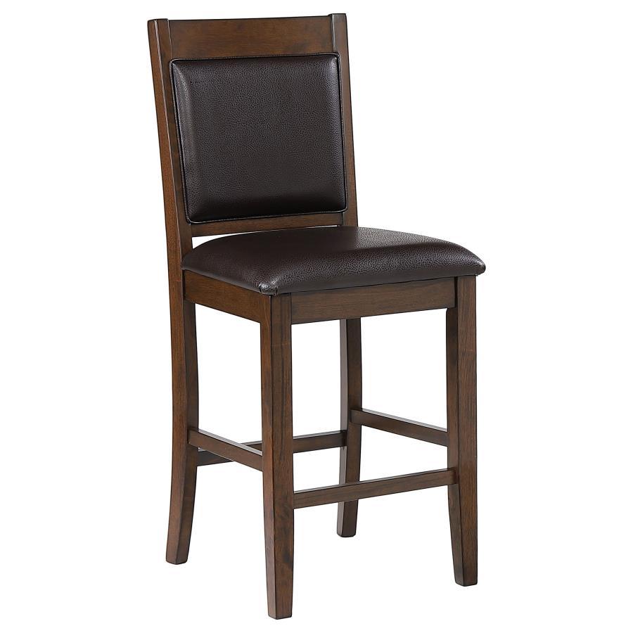 Dewey Upholstered Counter Chair Set of 2, Walnut Finish Rubberwood Frame, Brown Faux Leather Padded Seat and Back, Woven Panel Detail, Modern Design