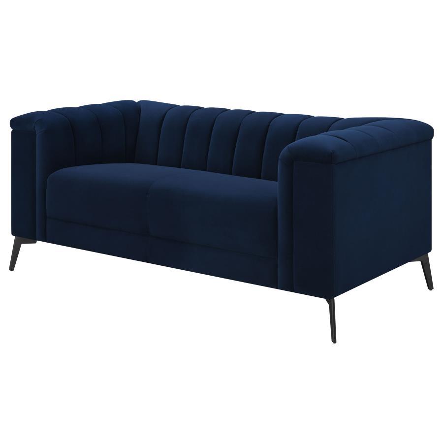 Chalet Tuxedo Arm Loveseat, Blue Velvet Upholstery, Tufted Vertical Channels, Pocket Coil Bench Seat, Black Metal Tapered Legs, Living Room