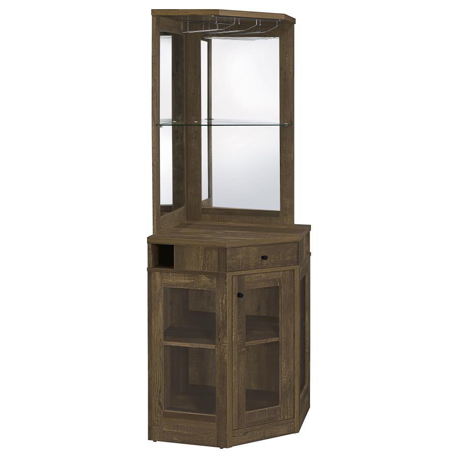Alviso 1-Drawer Corner Home Bar Wine Cabinet – Rustic Oak Finish with Mirrored Back, Tempered Glass Shelf, Stemware Rack, and Bottle Storage