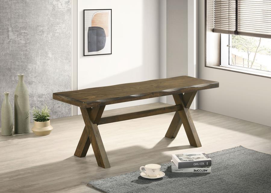 Alston Wood Dining Bench – Knotty Nutmeg Solid Rubberwood, Rustic Trestle Base, Smooth Contoured Seat, Compact Farmhouse Dining Bench