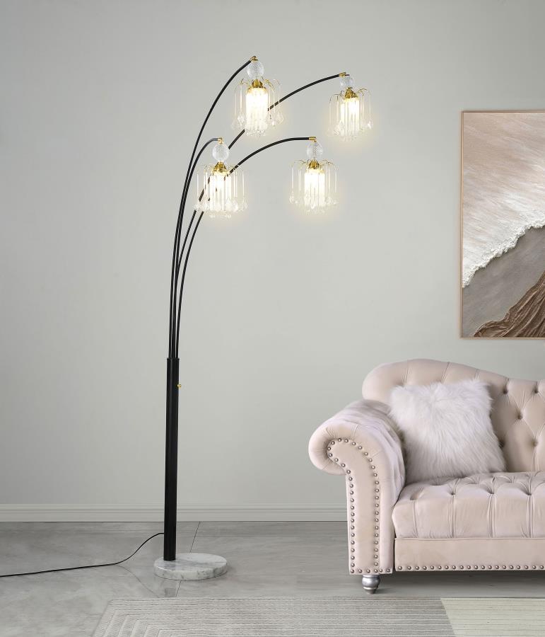 Maisel Hanging Crystal Arc Tree Floor Lamp in Black – Modern Elegant Lighting with Five Shimmering Crystal Arms, Chrome Stand, Dimmer Switch & White Base