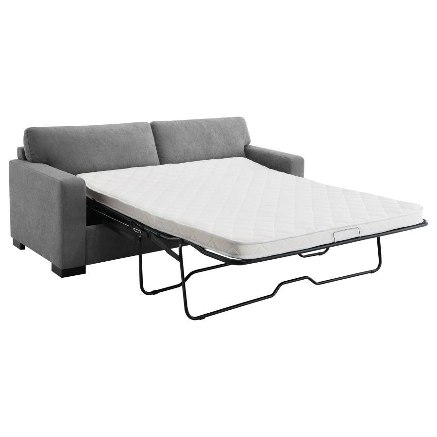 Simpson Upholstered Sofa Sleeper With Queen Mattress – Gray, Convertible Pull-Out Bed, Plush Foam Cushions, Modern Track Arm Sofa for Living Room