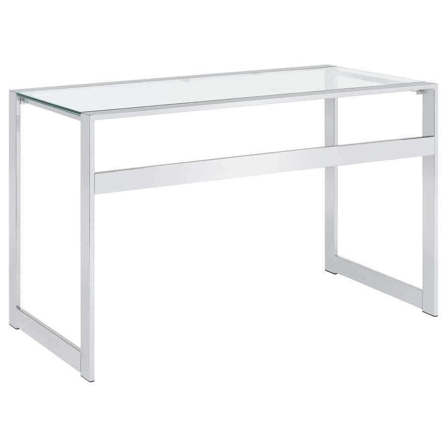 Hartford Glass Top Writing Desk – Modern Chrome Frame, Clear Tempered Glass Work Surface, Sleek Minimalist Design for Home Office, Study, or Commercial Use
