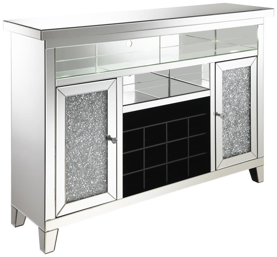Melinda 2-Door LED Mirrored Wine Storage Bar Cabinet in Silver – Modern Glam Bar Cabinet with 12-Bottle Rack, LED Lighting & Mirrored Design