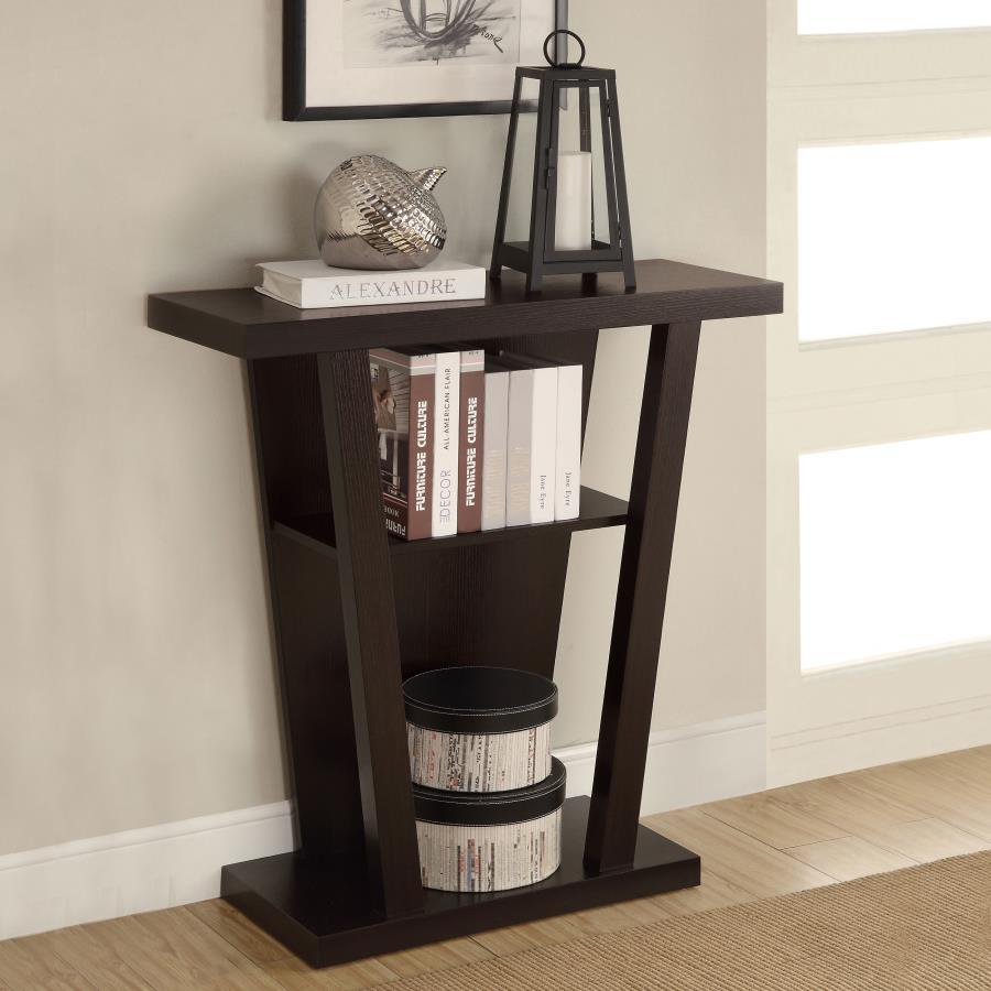 Evanna 2-Shelf Engineered Wood Console Table Cappuccino Finish, Modern Slanted Silhouette Entryway Table, Bold Display Shelf Accent Furniture