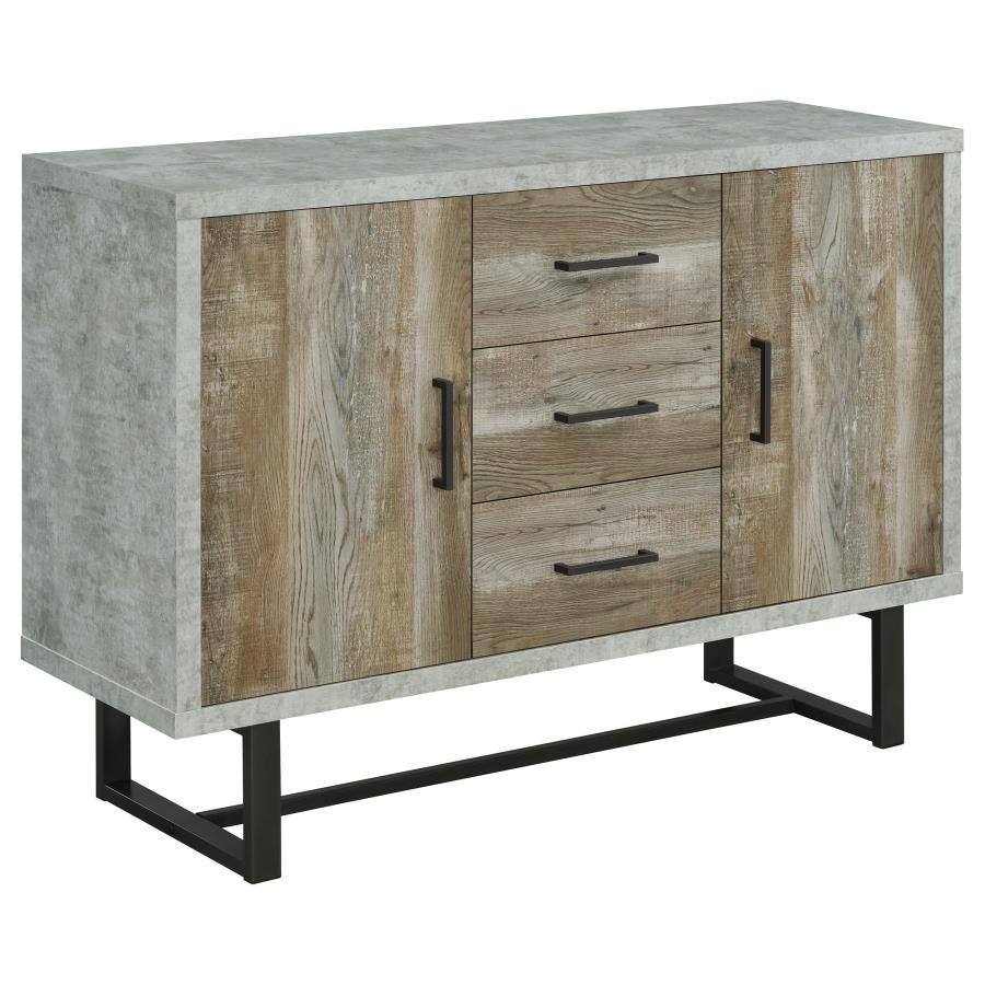 Abelardo 3-Drawer Engineered Wood Cabinet – Weathered Oak with Gunmetal Accents, Faux Cement Finish, Industrial Trestle Base, Rustic Modern Accent Storage