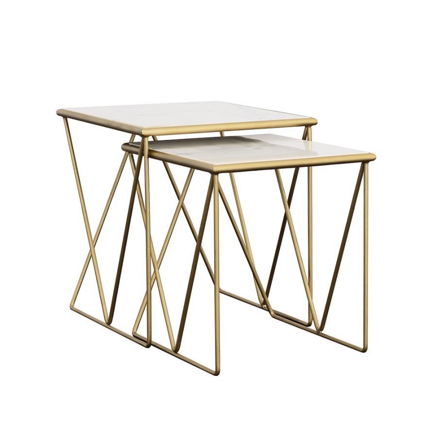Bette 2 Piece Marble Top Nesting Table Set – White Marble with Gold Iron Base, Modern Glam Rectangular Accent Tables, Contemporary Living Room Decor