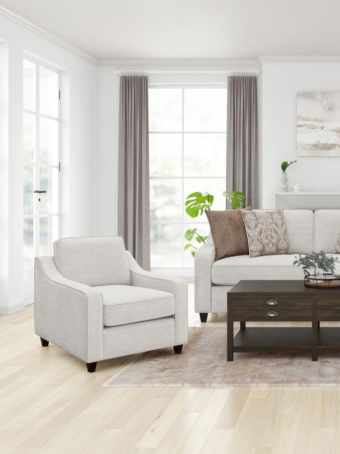 Christine Upholstered Sloped Arm Accent Chair – Beige, Boxed Seat & Back Cushions, Tapered Dark Legs, Woven Chenille, Transitional & Farmhouse Design