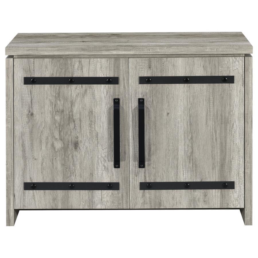 Enoch 2-Door Engineered Wood Accent Cabinet – Gray Driftwood Finish with Dark Hardware and Nailhead Accents, 4 Shelves for Storage in Living Room or Entryway
