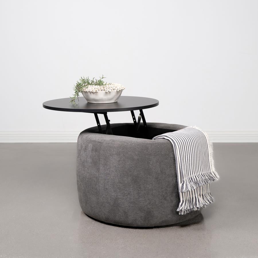 Tesoro Round Upholstered Lift Top Storage Ottoman – Gray Chenille Padded Seat with Hidden Storage, Modern Accent Footrest for Living Room