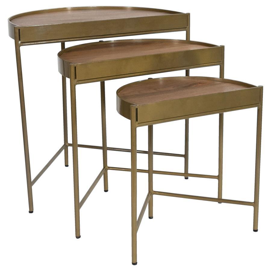 Tristen 3-Piece Demilune Nesting Table Set – Brown and Gold Half-Moon Mango Wood Tables with Chic Gold Iron Frames for Living Room or Entryway