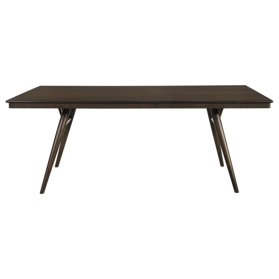 Wes Rectangular Wood Dining Table – Dark Walnut Finish, Bullnose Edge, Fluted Apron, Mid-Century Modern Style, Vintage-Inspired Tapered Legs, Seats Six