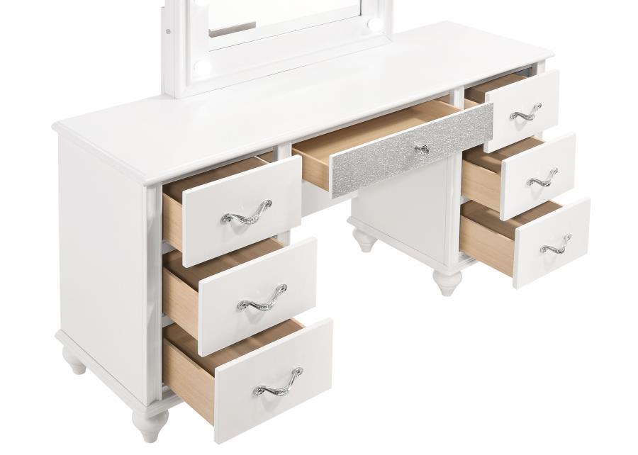 Barzini 7-Drawer Vanity Set with LED Lighting – White Finish, Glam Chrome Handles, Diamond-Like Accents, Hollywood-Style Vanity with Mirror