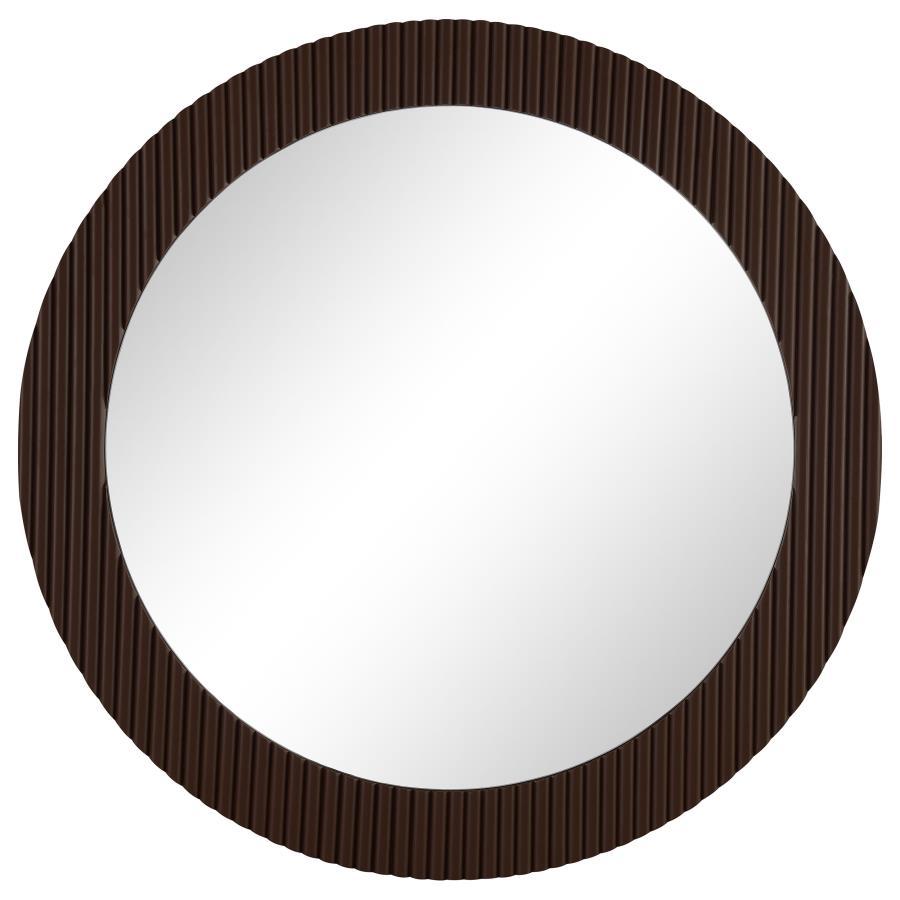 Dexter Round Reeding Frame Wall Mirror – Brown with Textured MDF Frame, Modern Industrial Design, Perfect for Living Room, Entryway, or Mantel