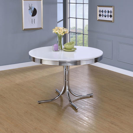 Retro Round Wood Top Dining Table – White and Chrome Finish, Mid-Century Modern Design with Curved Chrome Legs for Breakfast, Game Nights, and Casual Dining