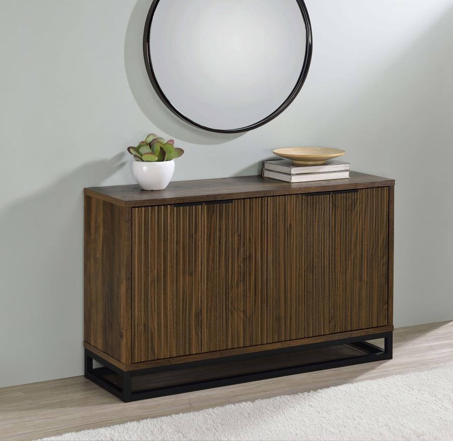 Ryatt 4-Door Engineered Wood Accent Cabinet – Dark Pine Finish, Fluted Door Fronts, Black Metal Base, Rustic Storage for Dining or Living Room
