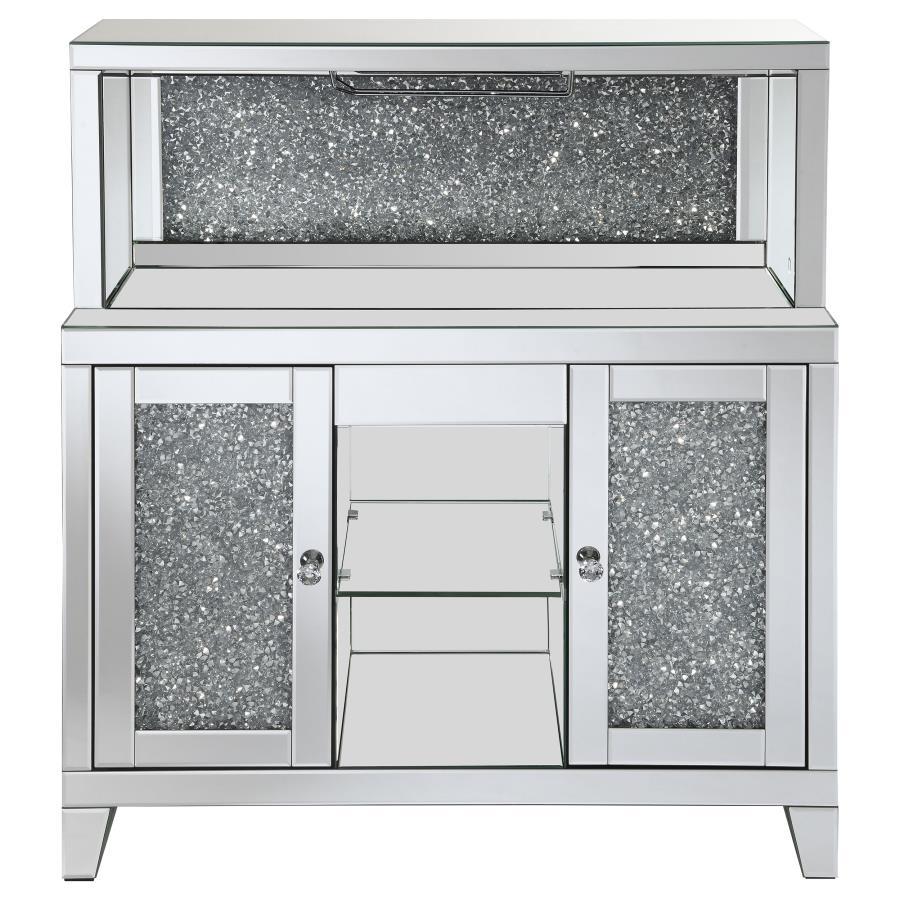 Yvaine 2-Door Mirrored Acrylic Home Bar Wine Cabinet – Silver Finish, Faux Diamond Detailing, Crystal Knobs, Open Back Shelf, Luxury Storage Display