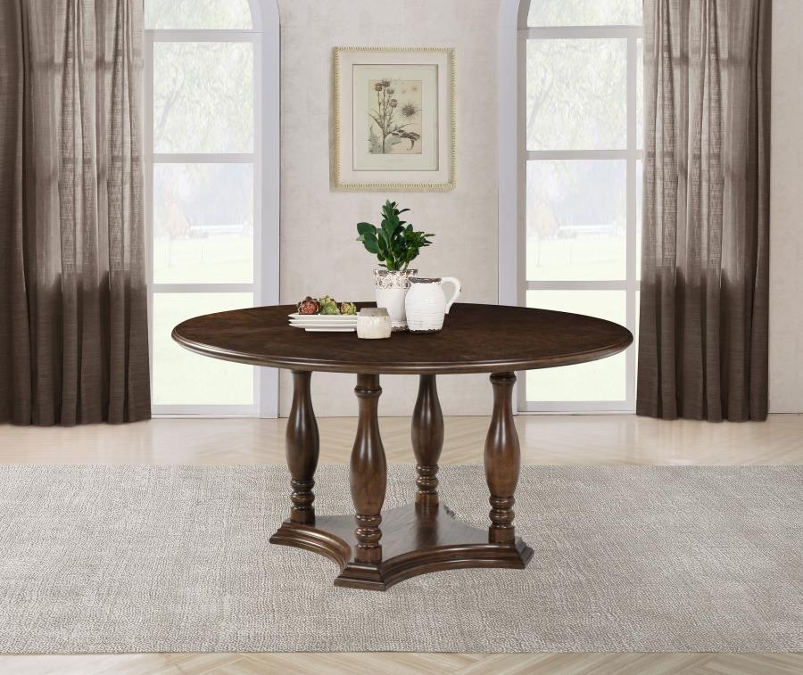 Landon 5 or 7 Piece Round Wood Pedestal Dining Table Set – Rich Brown Finish with Ivory Upholstered Chairs, Traditional Turned Details, Durable Hardwood Construction