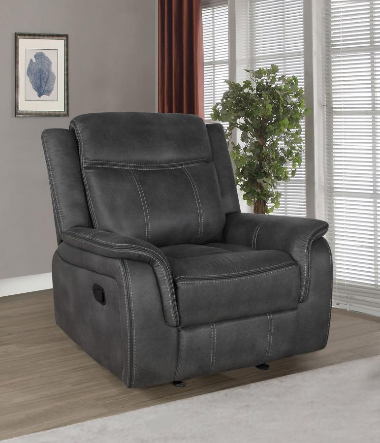 Lawrence Upholstered Padded Arm Glider Recliner – Charcoal, Cool Gel Memory Foam, Microfiber Upholstery, Cozy Manual Reclining Chair