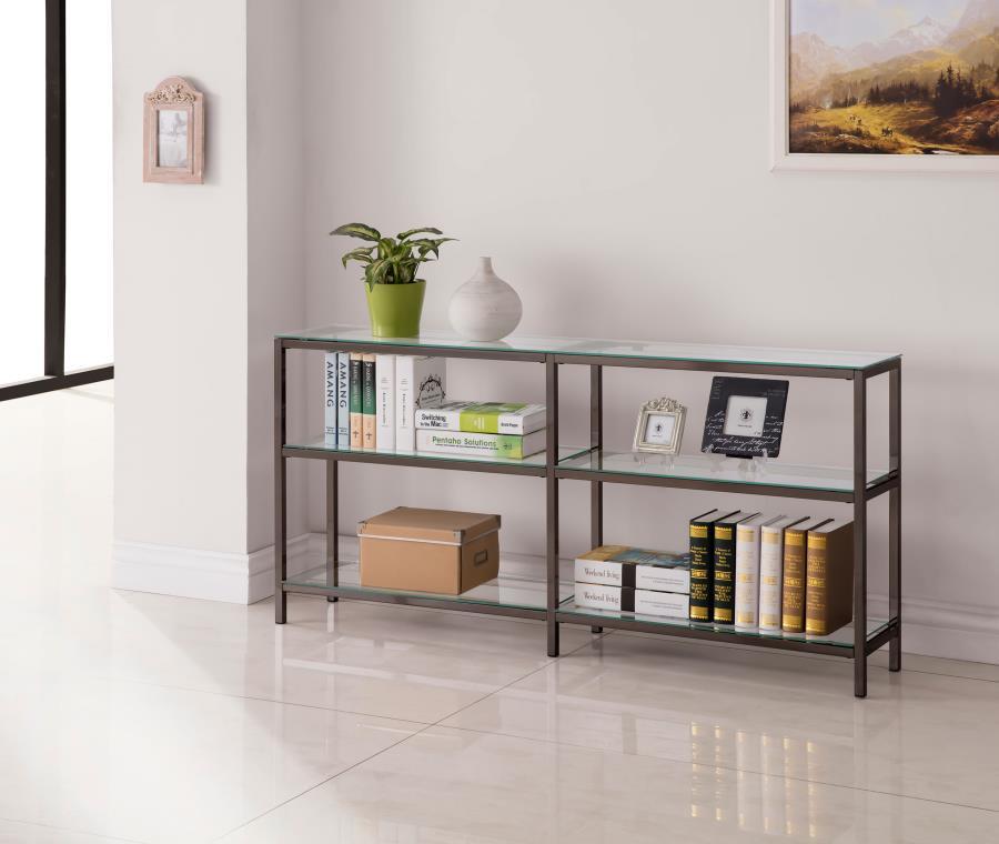 Kate Console Bookcase – Modern Black Nickel Steel Frame with Tempered Glass Shelves, 4-Shelf Display Unit for Books, Décor, and Photographs