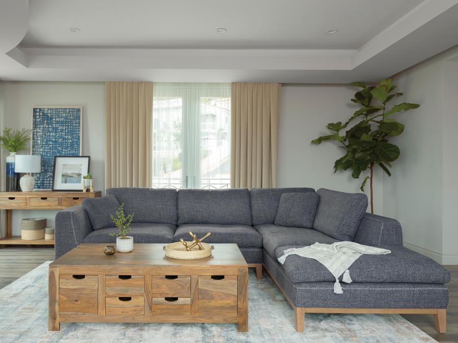 Persia Upholstered Track Arm Sectional Sofa – Gray Mid-Century Modern Design with Contrast Blanket Stitching & Cozy Chaise End