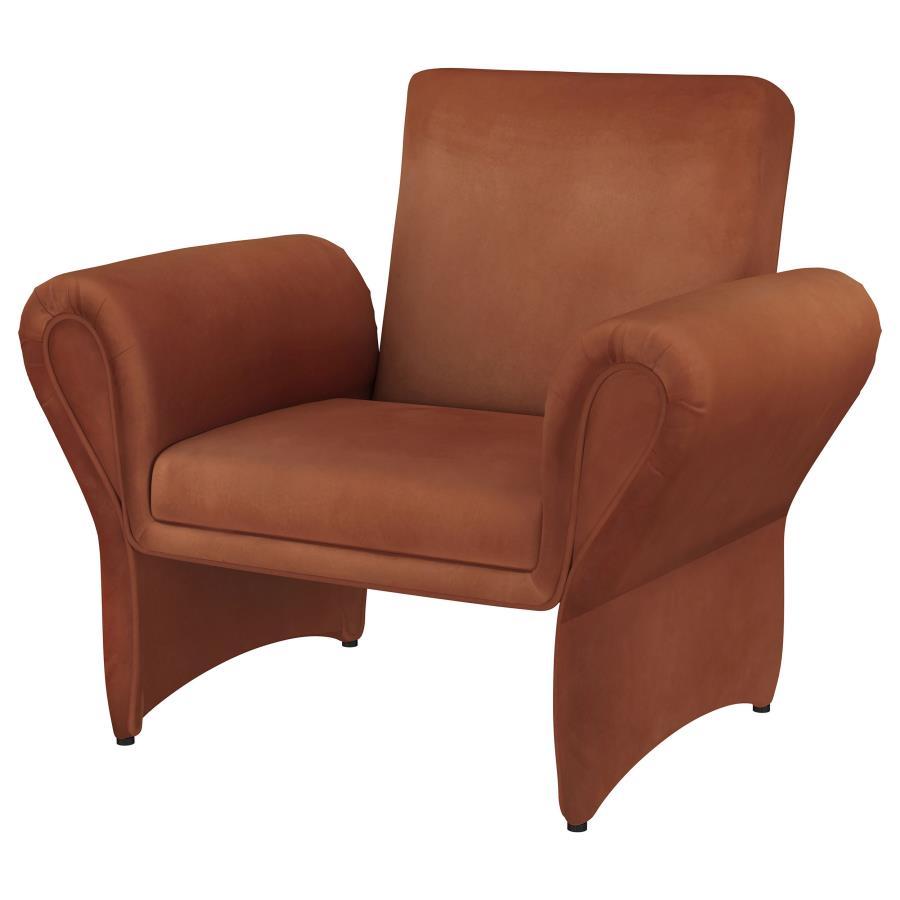 Liana Upholstered Roll Arm Accent Armchair – Modern Contemporary Rust Chair with Velvety Soft Fabric, Sculptural Silhouette, and Elegant Panel Legs