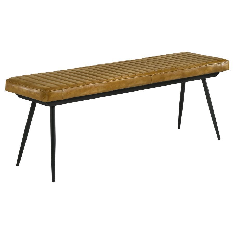 Misty Leather Upholstered Dining Bench – Antique Camel Goat Leather with Vertical Tufting, Black Metal Tapered Legs, Industrial Rustic Modern Accent