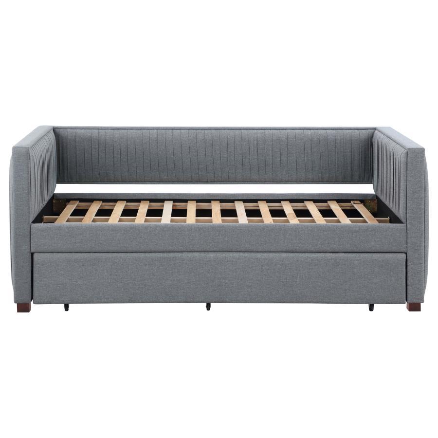 Brodie Upholstered Twin Daybed with Pull-Out Trundle in Gray Fabric – Modern Pleated Design, Versatile Sofa Bed with Black Finish Feet