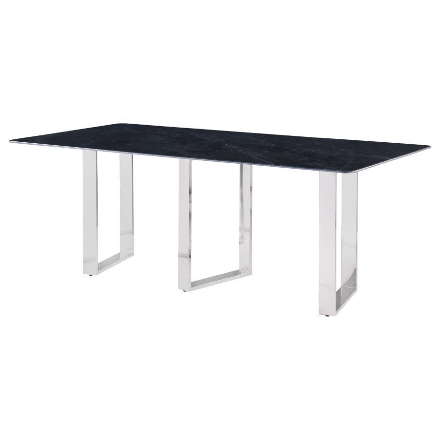 Desden Rectangular Sintered Stone Dining Table – Gray Marble Finish, Modern Slim Silhouette, Sculpted Open Frame Legs, Contemporary Design