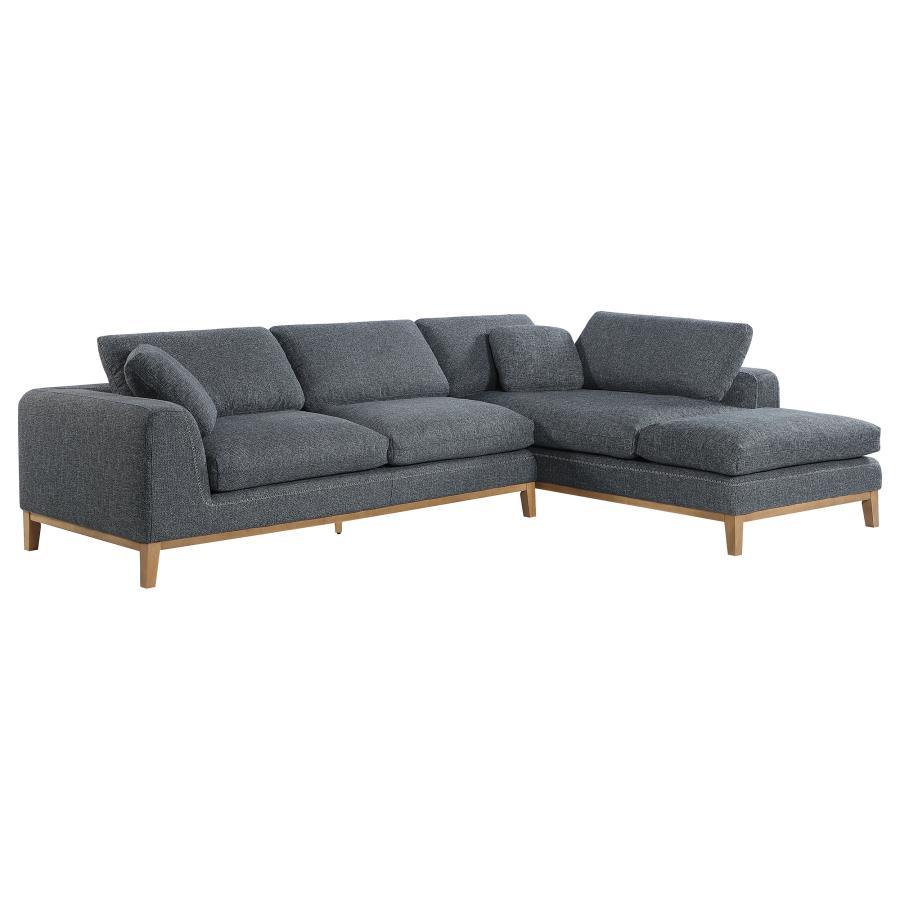 Persia Upholstered Track Arm Sectional Sofa – Gray Mid-Century Modern Design with Contrast Blanket Stitching & Cozy Chaise End
