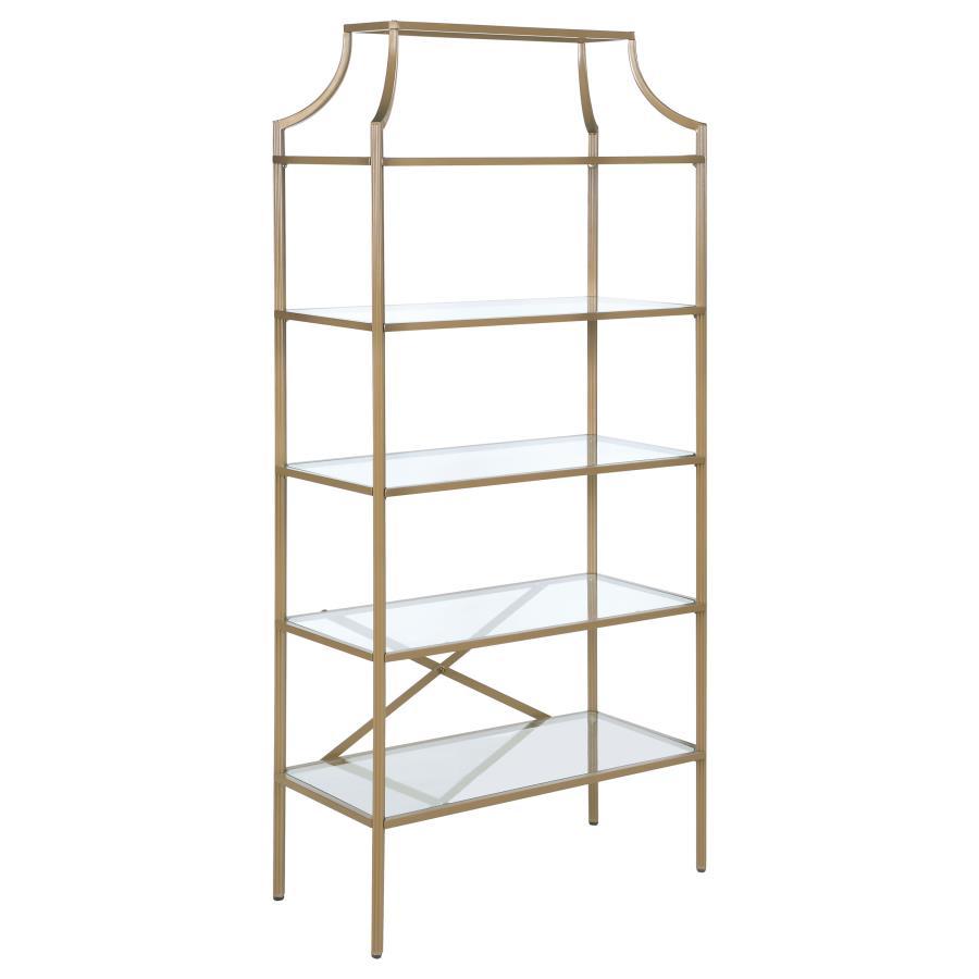 Serena 5-Shelf Glass Bookshelf in Gold – Contemporary Tall Bookcase with Tempered Glass Shelves, Modern Open Display and Storage Unit
