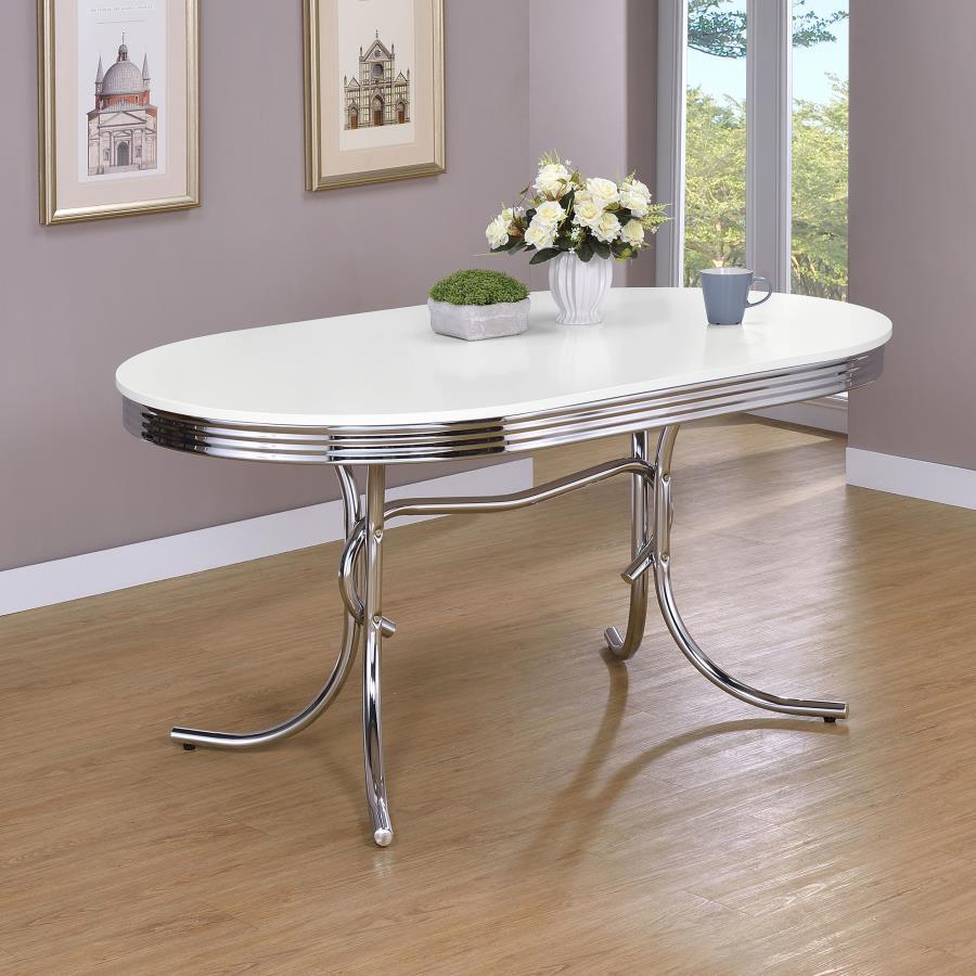 Retro Oval Wood Top Dining Table – White and Chrome Finish, Mid-Century Diner Style with Curved Chrome Legs for Stylish and Durable Dining