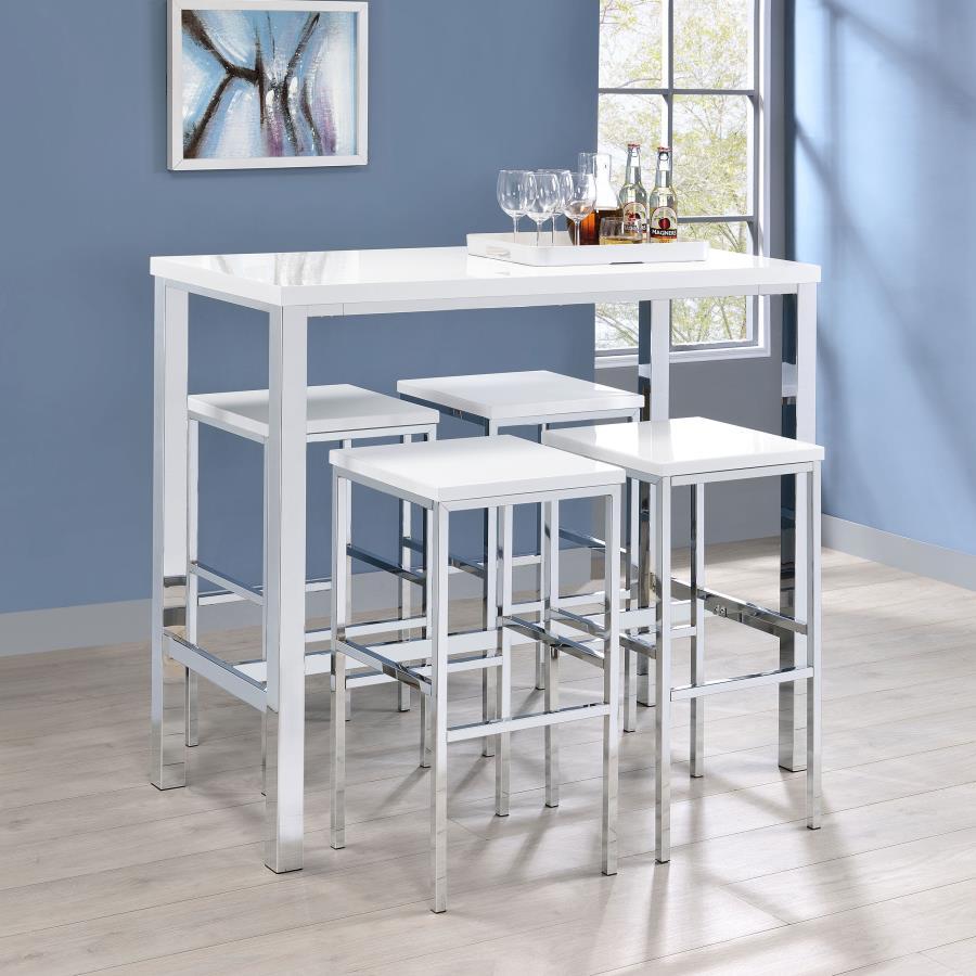 Natividad 5 Piece Pub Height Bar Table Set – White High Gloss Finish, Rectangular Table, 4 Matching Bar Stools, Chrome Frame, Modern Design