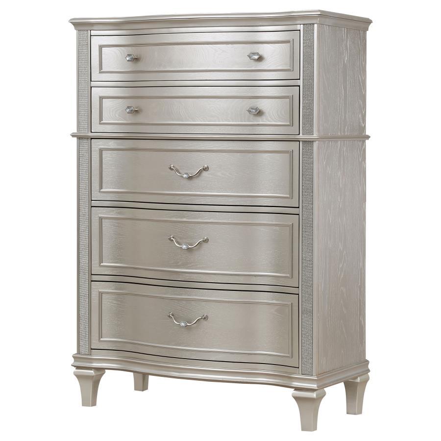 Evangeline 6-Drawer Bedroom Chest – Silver Oak, Tall Glam Dresser with Wavy Facade, Felt-Lined Top Drawer, Hexagon Hardware, Modern Luxury
