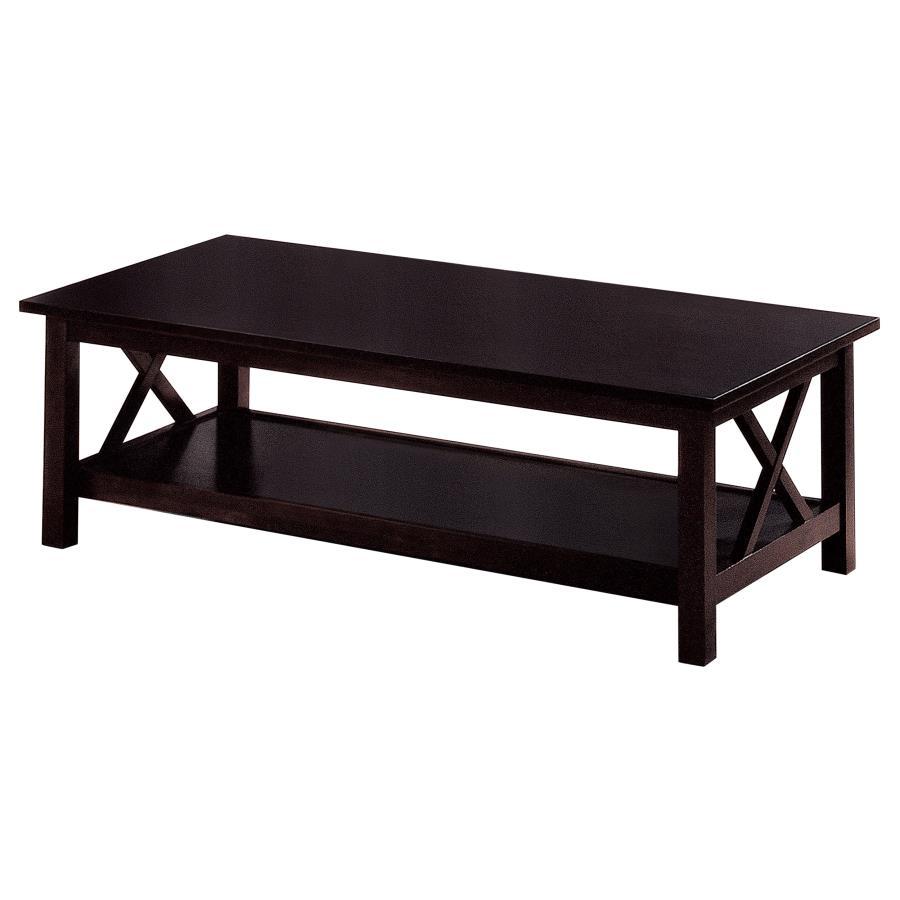 Rachelle - 3 Piece Rectangular Coffee Table Set - Deep Merlot Finish with X-Shaped Accents & Storage Shelves