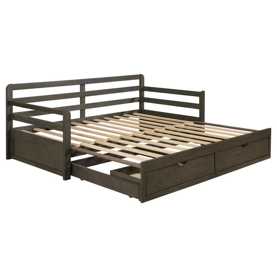 Sorrento 2-Drawer Twin Long Daybed with Extension Trundle – Gray Wood Daybed with Storage Drawers, Pull-Out Sleeper for Guests, and Space-Saving Design