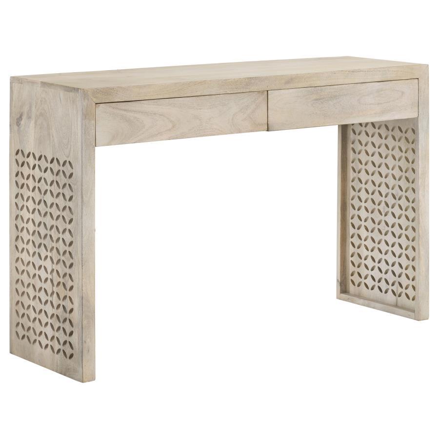 Rickman 2-Drawer Wood Entryway Console Table – Solid Mango Wood, White Washed Finish with Diamond Lattice Cutouts and Spacious Top Surface