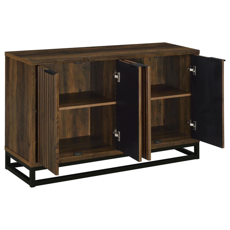 Ryatt 4-Door Engineered Wood Accent Cabinet – Dark Pine Finish, Fluted Door Fronts, Black Metal Base, Rustic Storage for Dining or Living Room