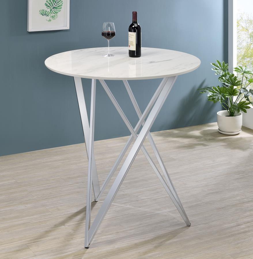 Bexter Round Faux Marble Bistro Bar Table in Chrome – Modern 42.5" Bar Height Table with Sculptural Metal Base & White Marble-Look Top for Dining Spaces